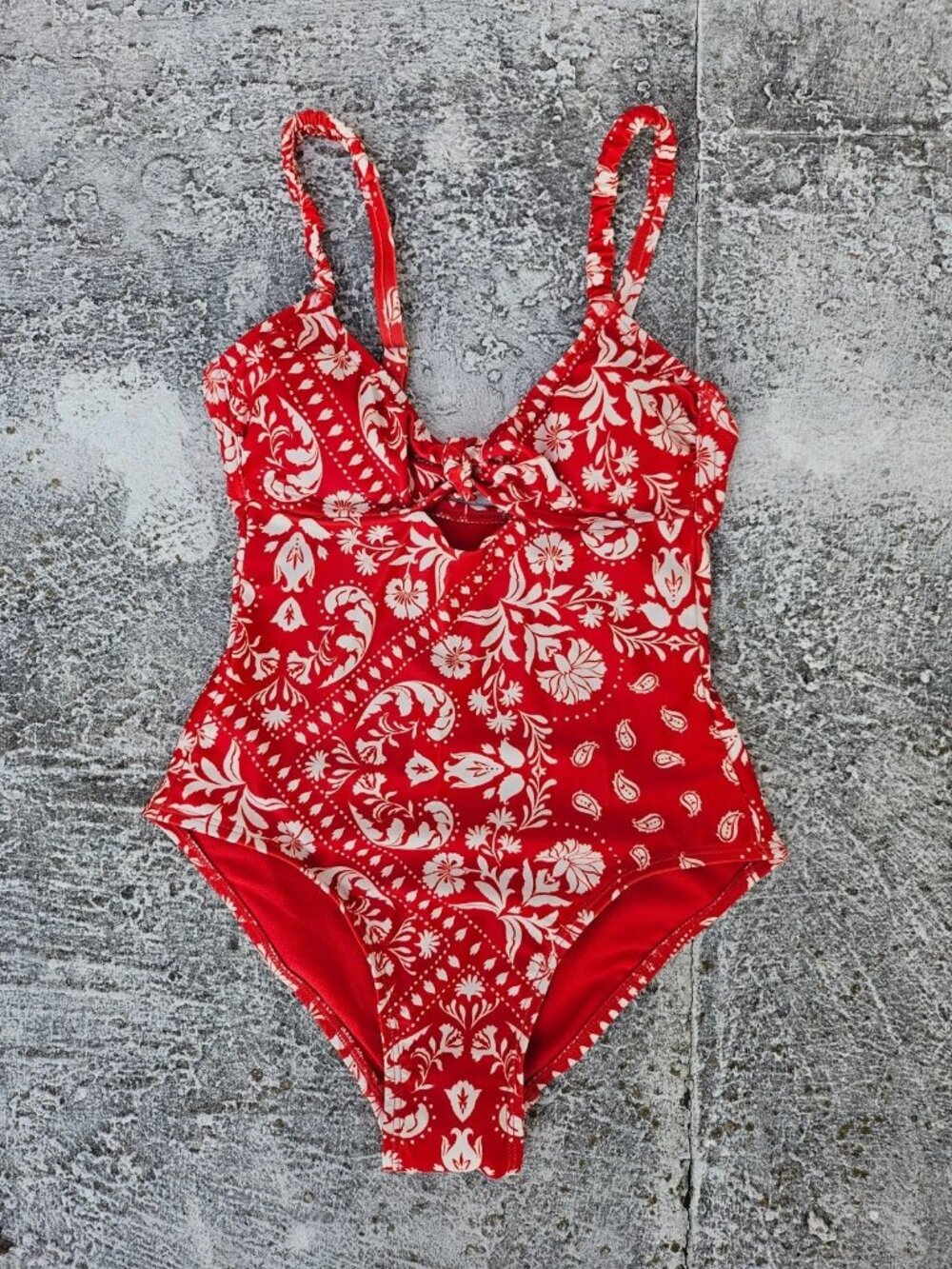 Time and Tru Women Bathing Suits Red Paisley Design Knot Front Keyhole Size XS